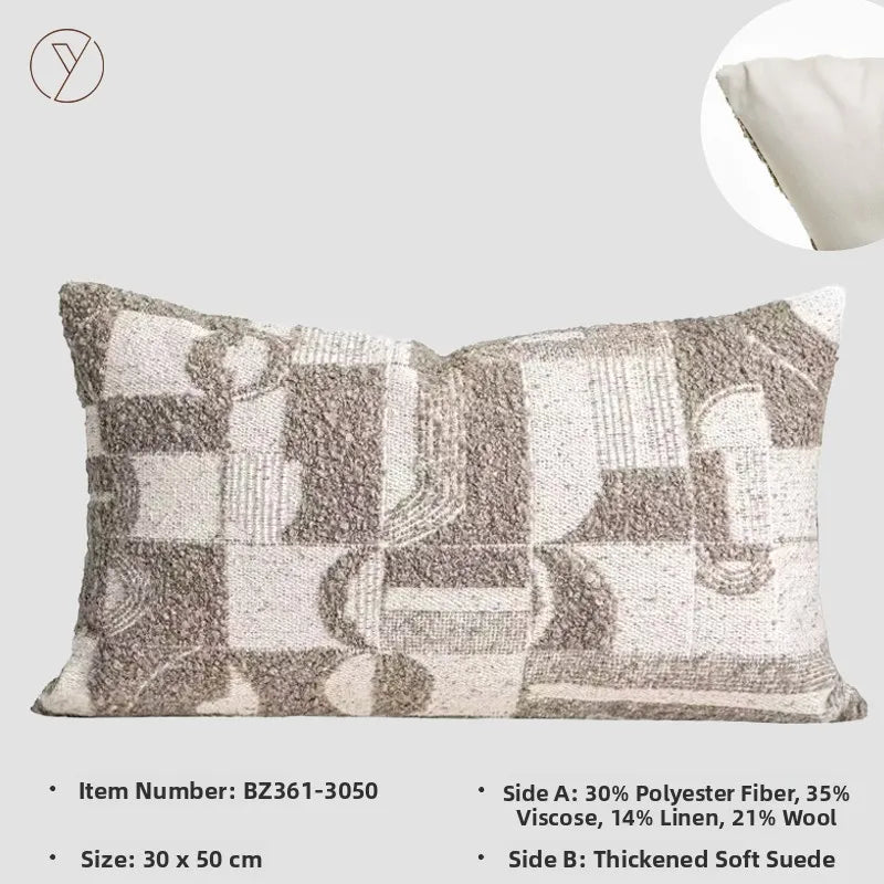 Modern Wabi-Sabi Large Pillow Living Room Sofa Lumbar Pillow Wheat Coffee Color Geometric Pillow Wool Blend Pillow Sample Room